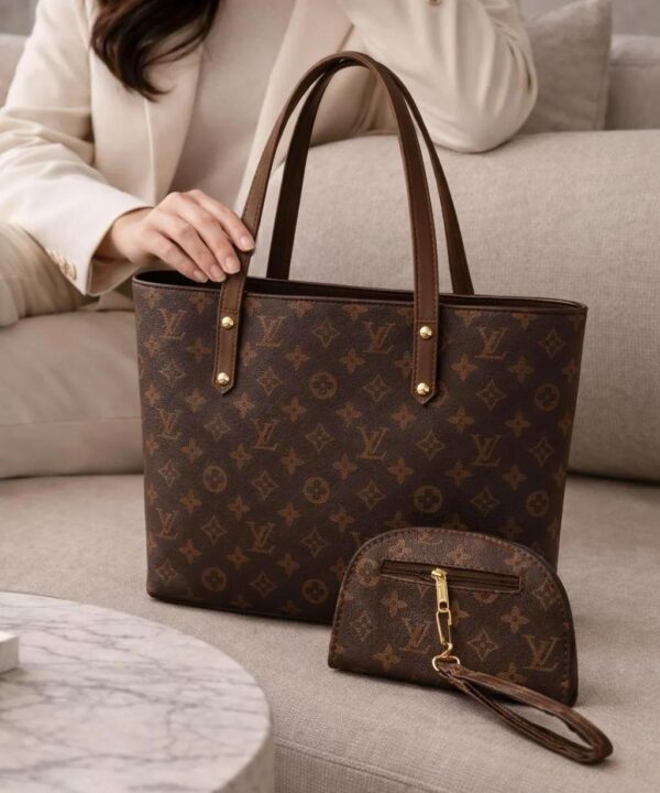Classic Monogram Tote Bag with Matching Zip Wallet – Brown